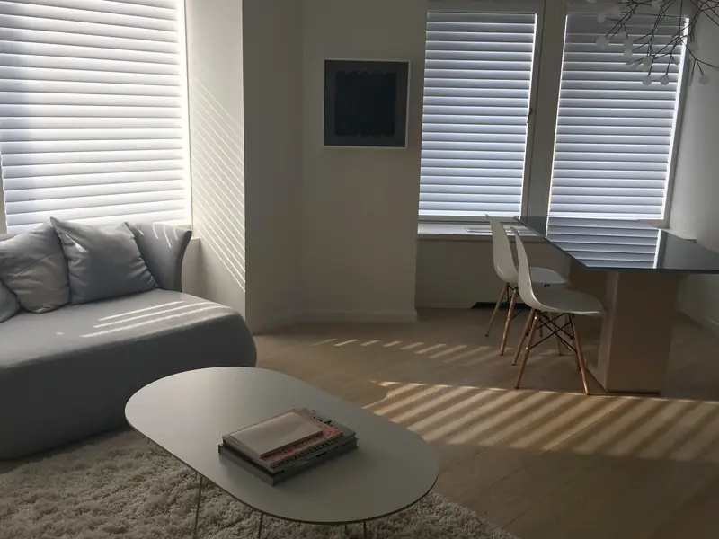 A living room with a low grey sofa, an oval coffee table on a shag rug and a dining table by windows with blinds